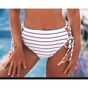 Cupshe Small Stripe Hipster Bikini Bottom-Lace Up Tie Detail-Lined-Navy-NEW